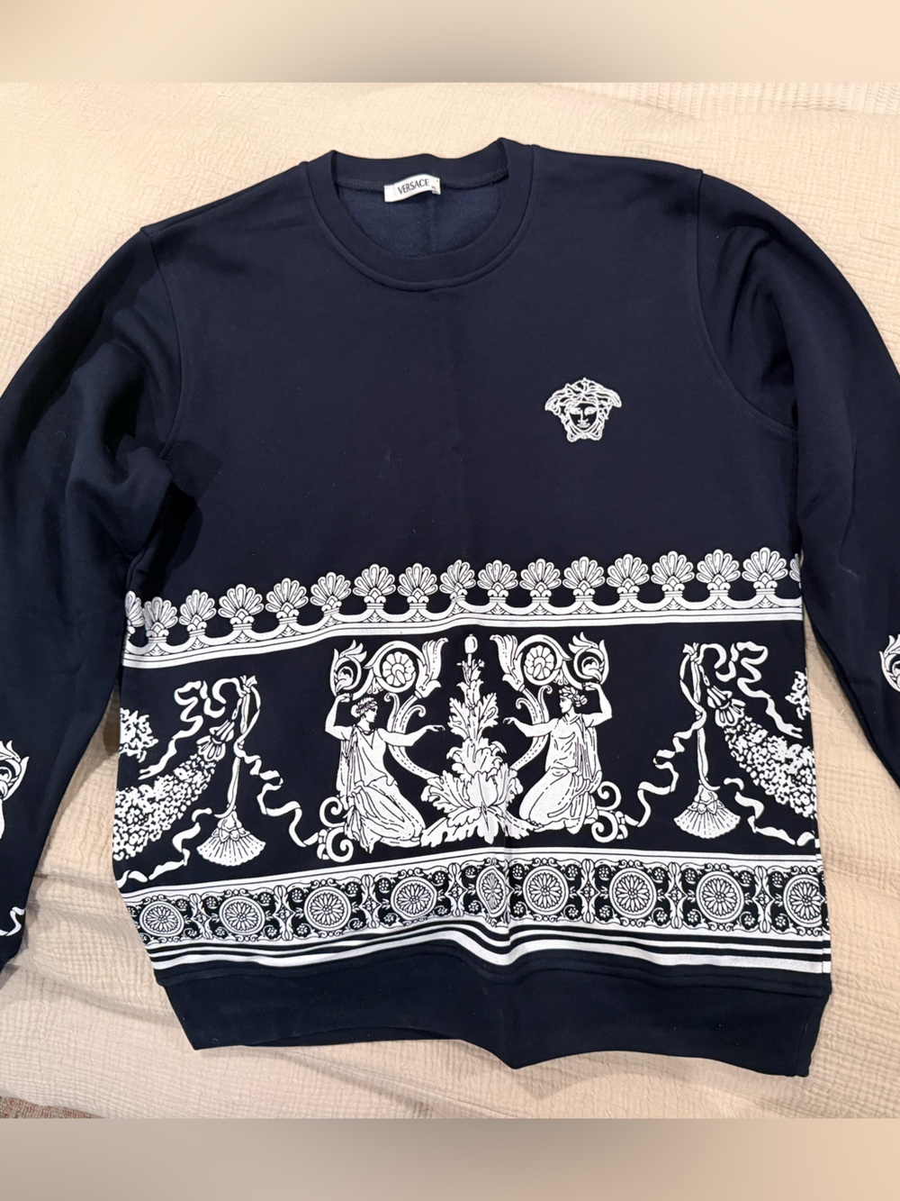 Versace Navy Crewneck Sweater with White Baroque Motif
